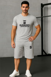 BURBARY Cotton Jersey Embroidered Logo Light Grey Short Tracksuit