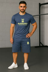 BURBARY Cotton Jersey Embroidered Logo Swed Blue Short Tracksuit