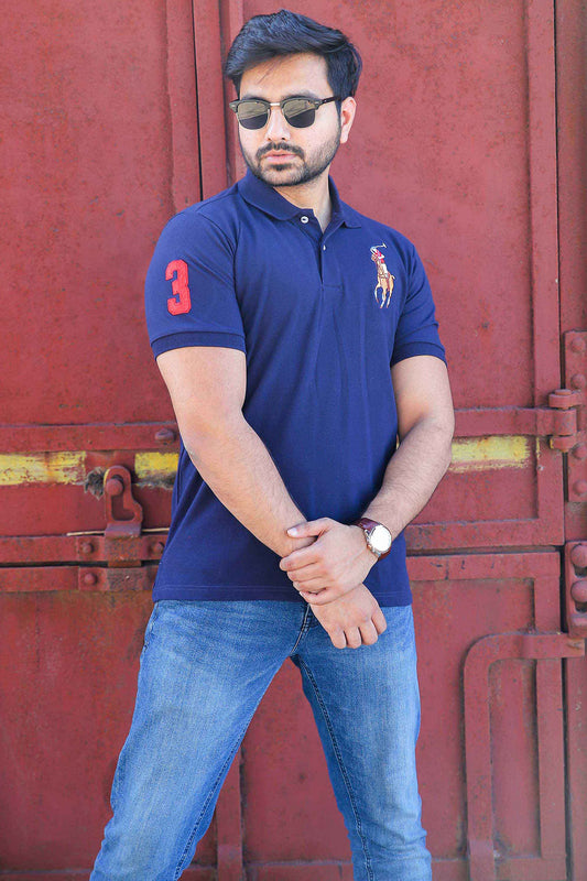 Branded Navy Blue Polo T-Shirt Pique Fabric