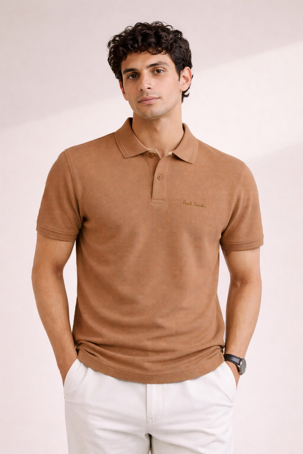 P.SMITH TEXTURE  COTTON PIQUE WOODEN BROWN POLO SHIRT