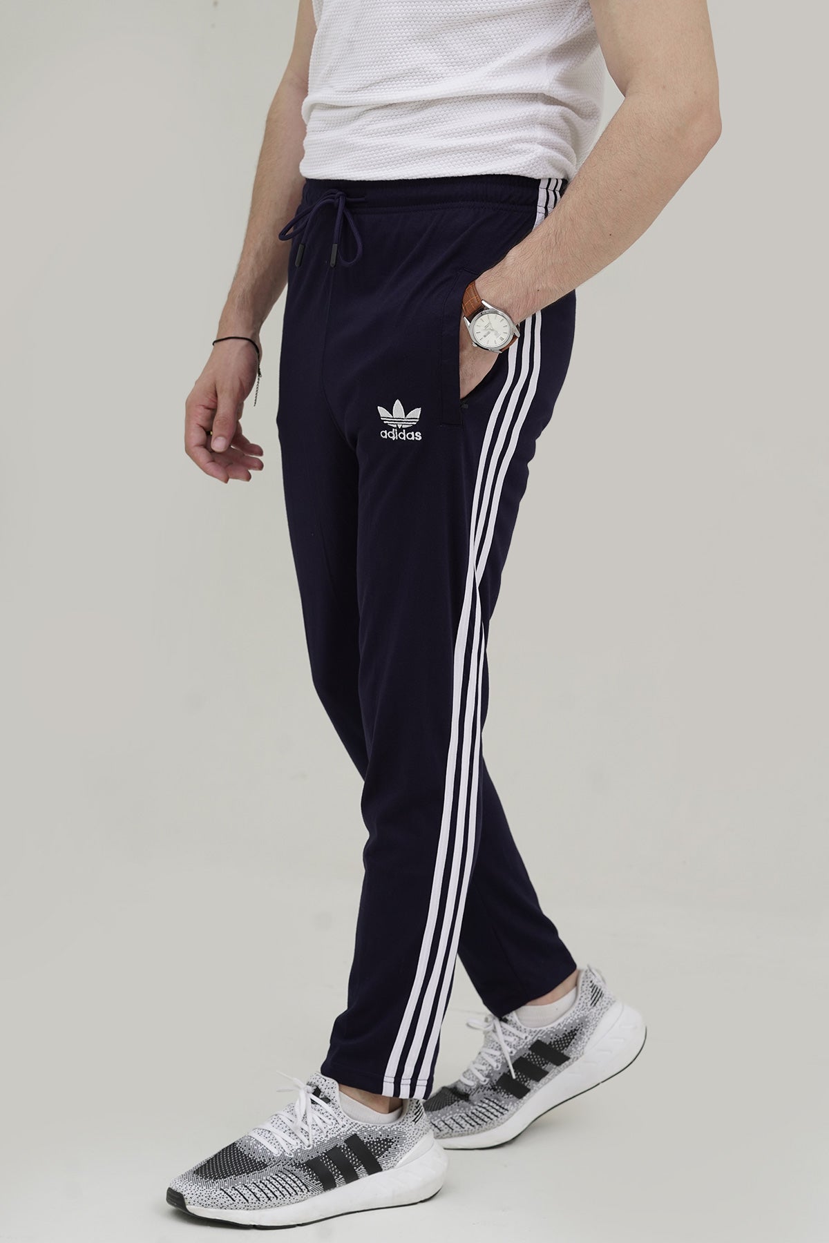 Adi-3 Stripes Embroidered Logo Navy Blue Cotton Jersey Trouser