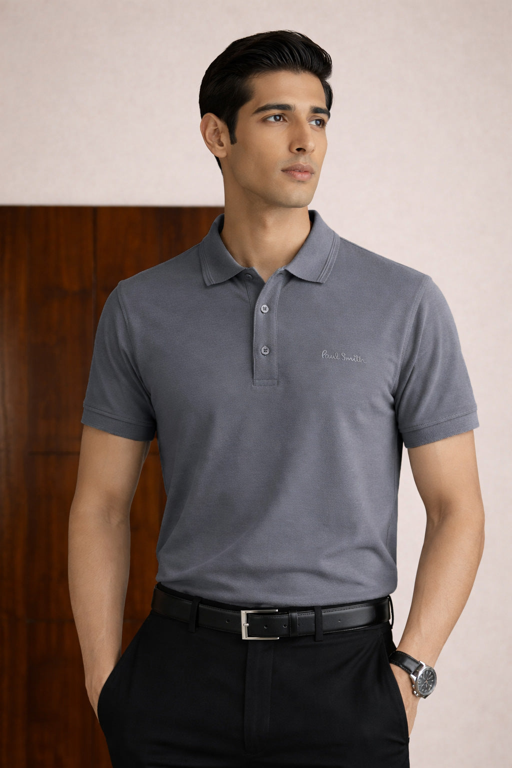 P.SMITH COTTON PIQUE GREY POLO SHIRT