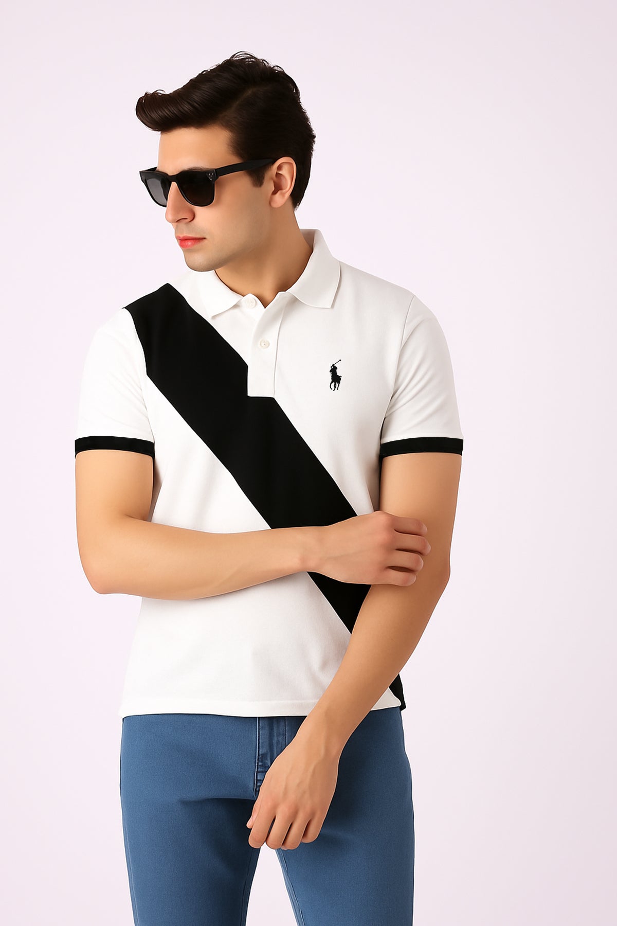 POLOO CROSS PANEL Men’s Branded Cotton PQ Shirt in White-Black