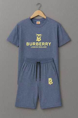 BURBARY Cotton Jersey Embroidered Logo Swed Blue Short Tracksuit