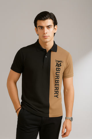 BURBARY PANEL Men’s Branded Cotton PQ Shirt in Black-Skin