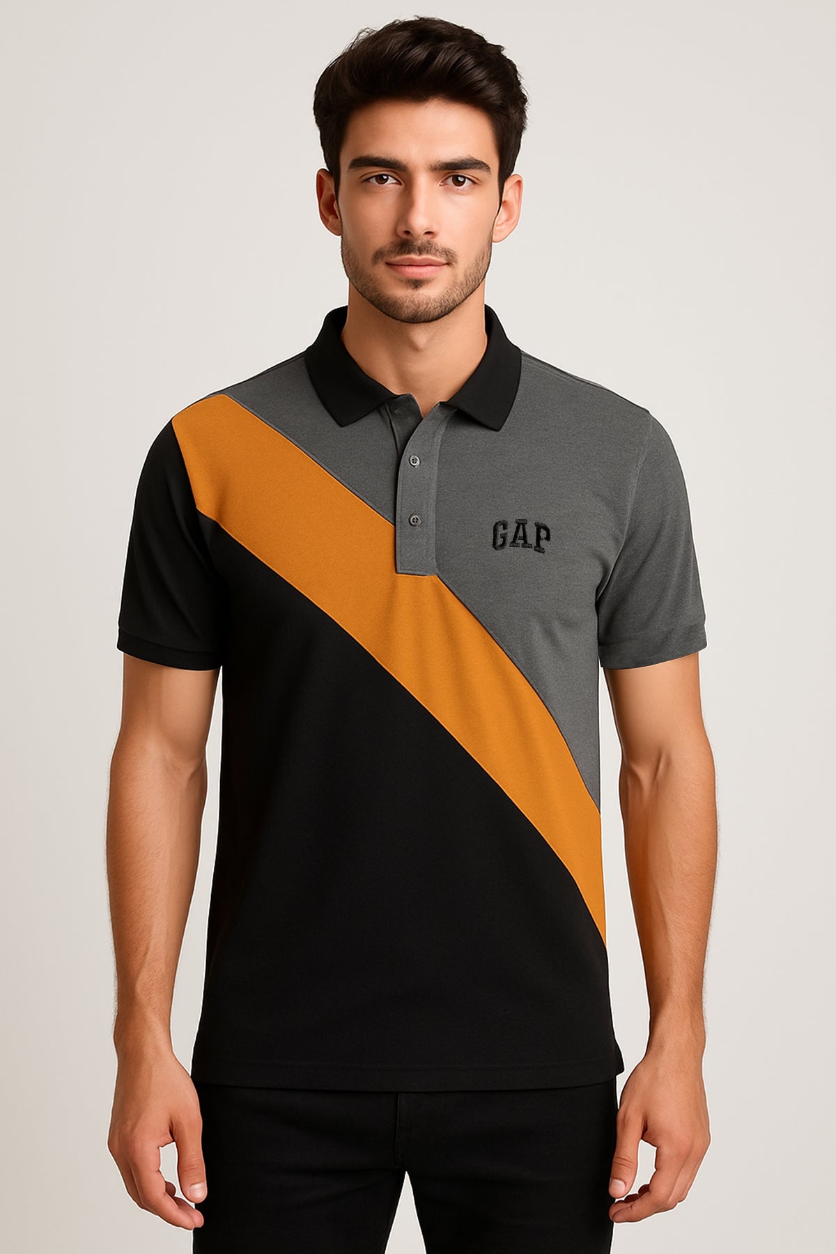 GEP PANEL Men’s Branded Cotton PQ Shirt in Black-C Grey