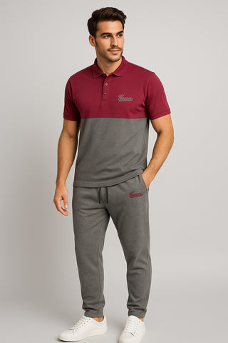 GUCCII Cotton PQ Embroidered Logo Maroon-Grey Tracksuit