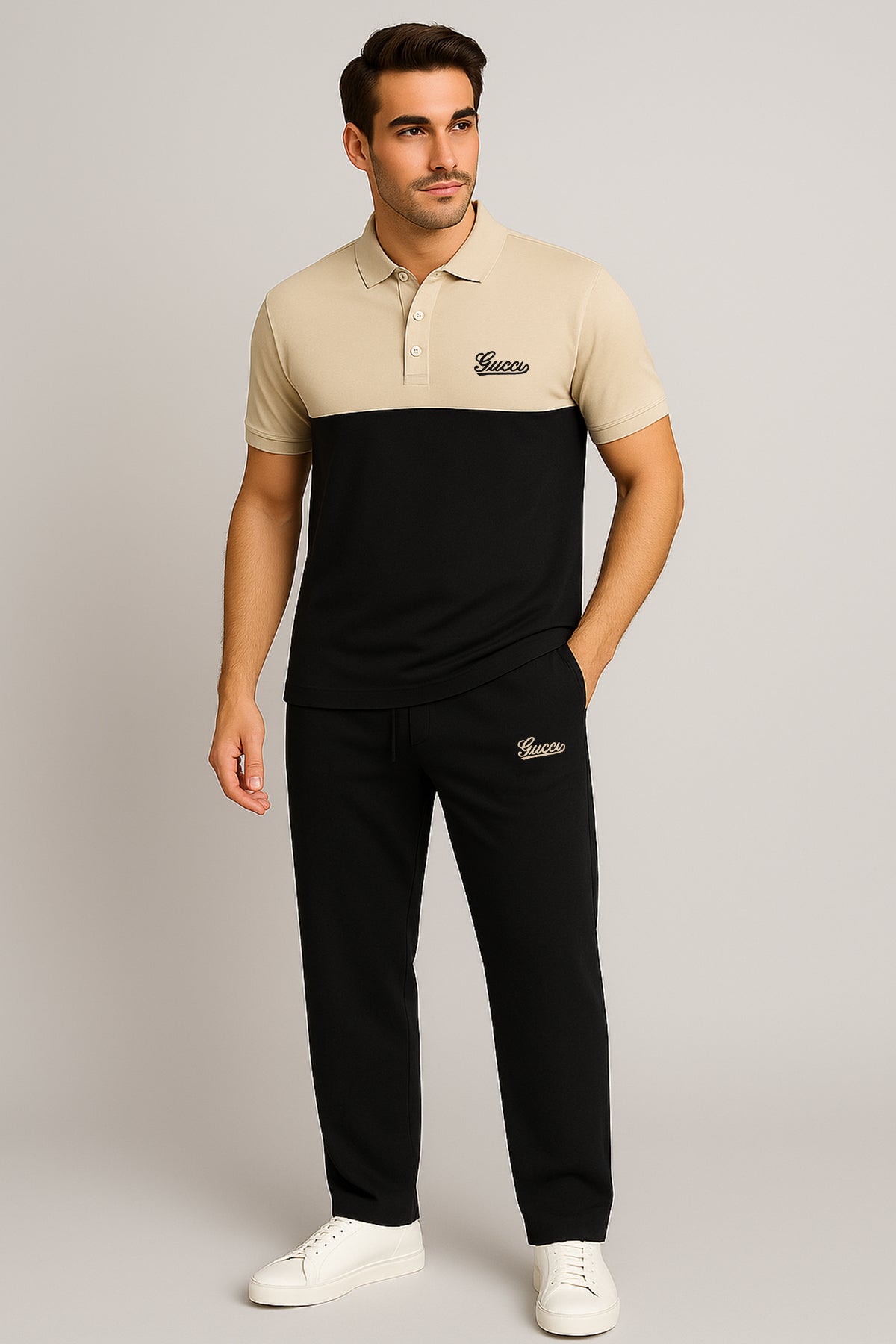 GUCCII Cotton PQ Embroidered Logo Black-Cream Tracksuit
