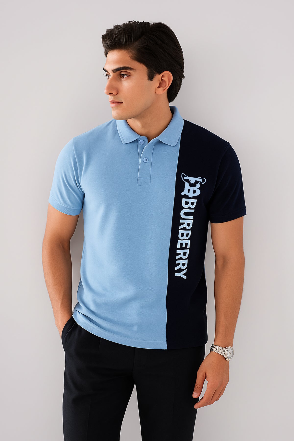 BURBARY PANEL Men’s Branded Cotton PQ Shirt in Sky-Navy Blue