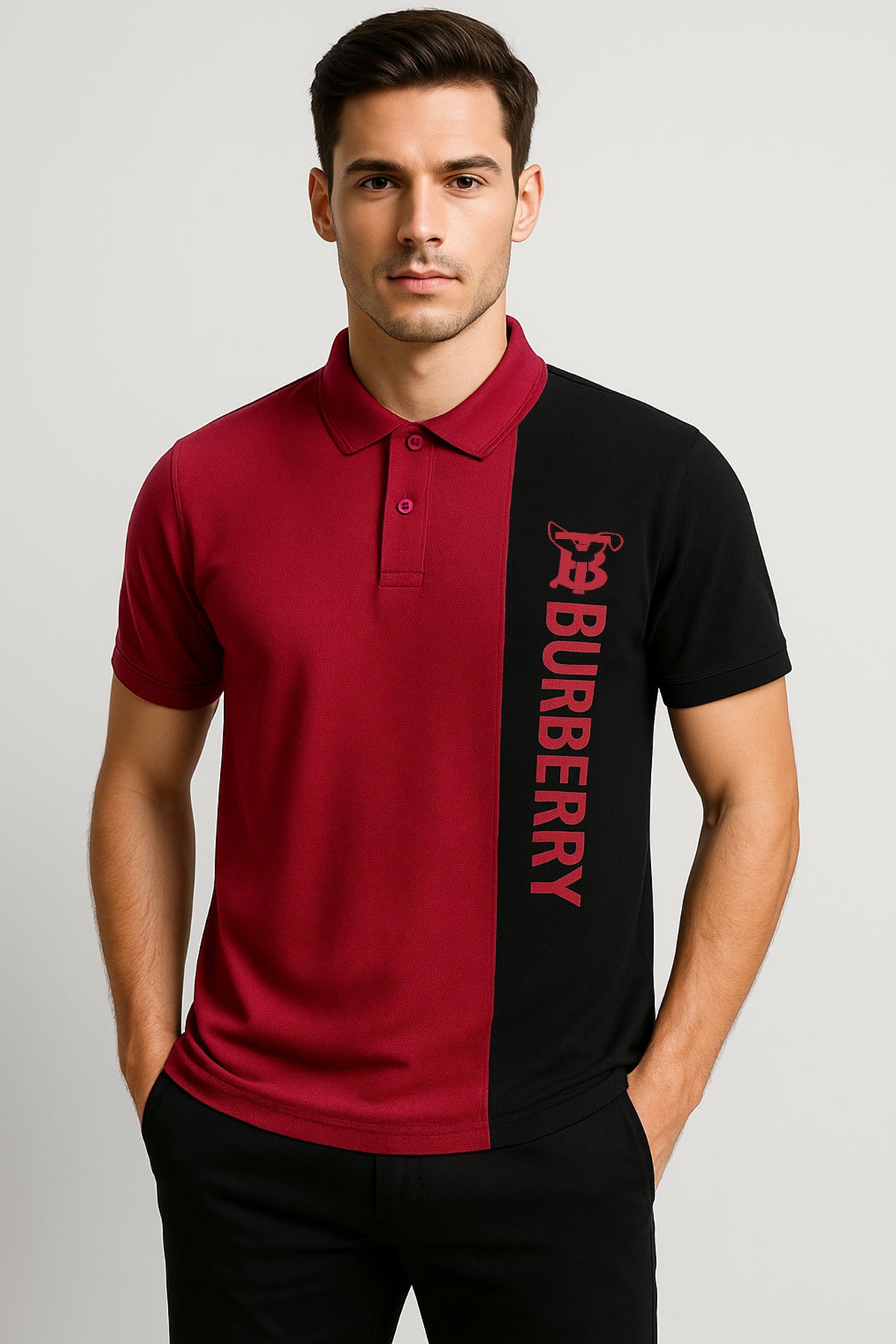 BURBARY PANEL Men’s Branded Cotton PQ Shirt in Maroon-Black