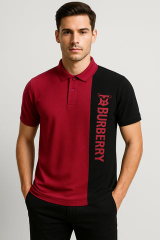 BURBARY PANEL Men’s Branded Cotton PQ Shirt in Maroon-Black