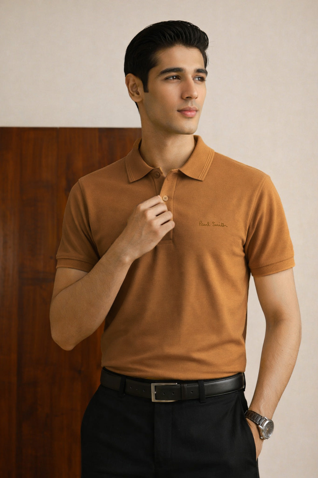 P.SMITH COTTON PIQUE MUSTARD POLO SHIRT