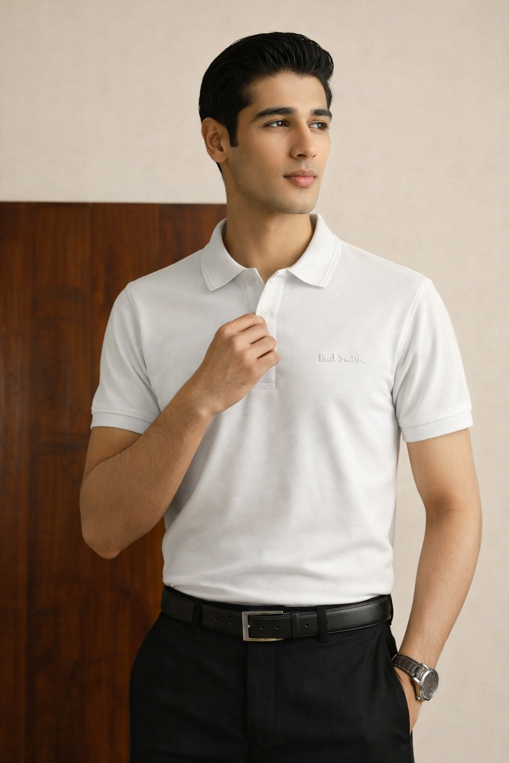 P.SMITH COTTON PIQUE WHITE POLO SHIRT