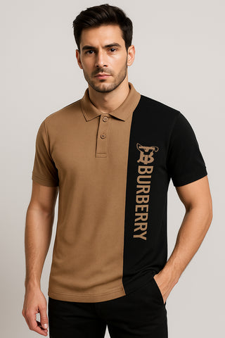 BURBARY PANEL Men’s Branded Cotton PQ Shirt in Skin-Black