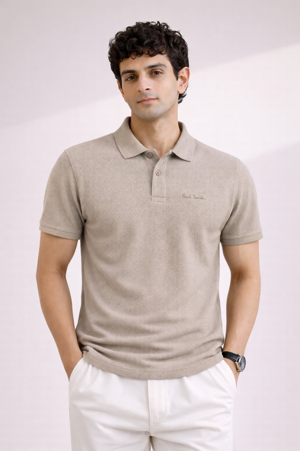 P.SMITH TEXTURE  COTTON PIQUE BEIGE POLO SHIRT