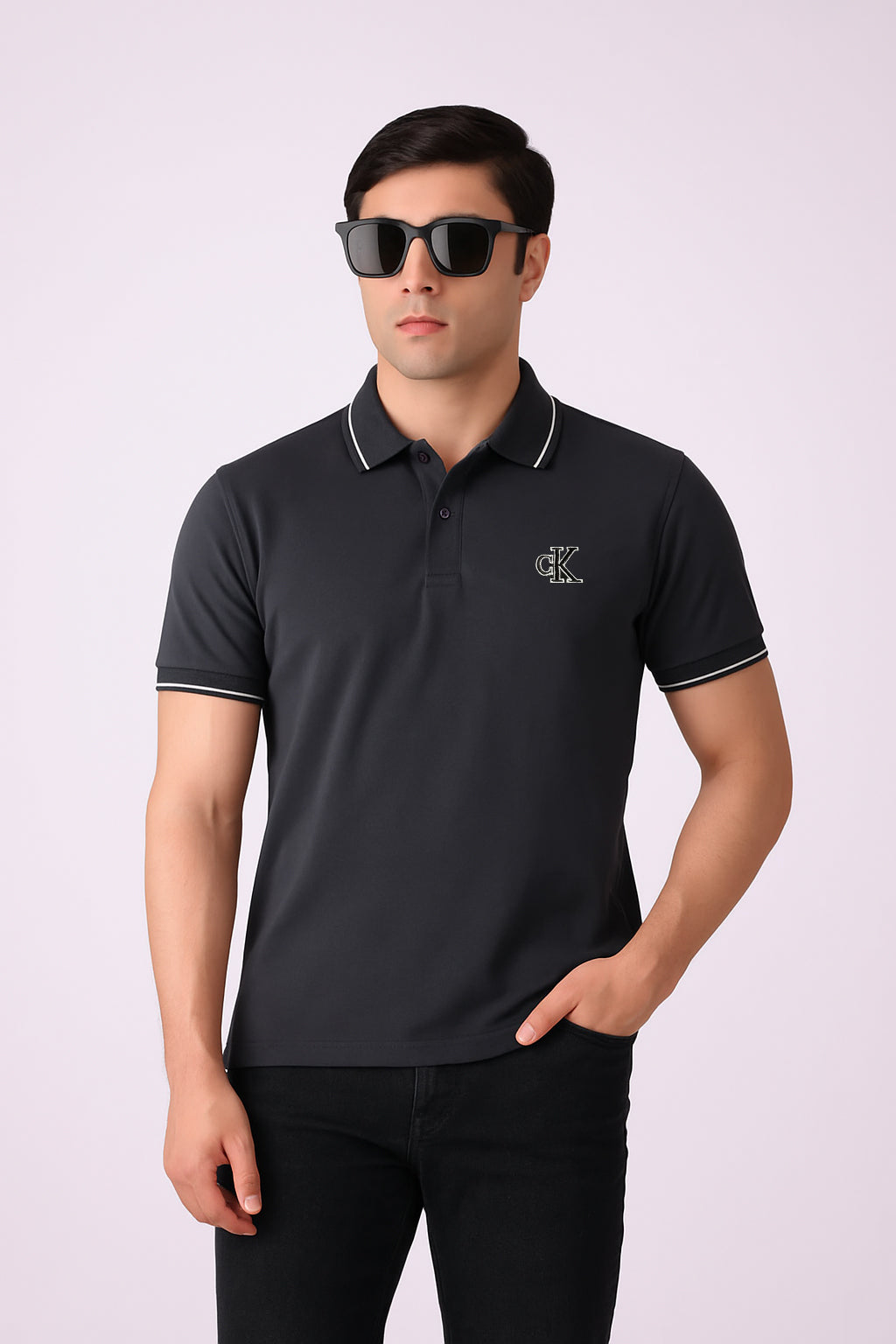 CK Signature Polo Shirt Grey – Stripe Collar Edition