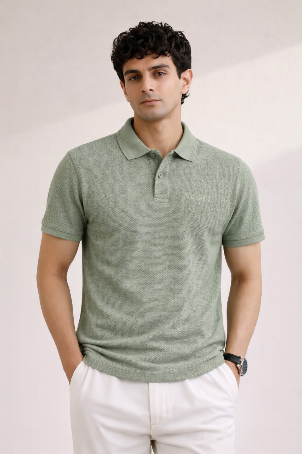 P.SMITH TEXTURE  COTTON PIQUE SAGE GREEN POLO SHIRT