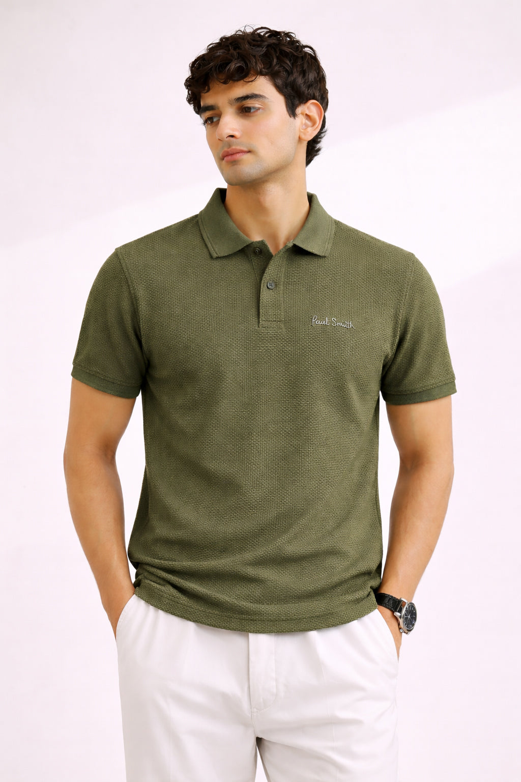 P.SMITH TEXTURE  COTTON PIQUE OLIVE POLO SHIRT
