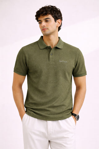 P.SMITH TEXTURE  COTTON PIQUE OLIVE POLO SHIRT