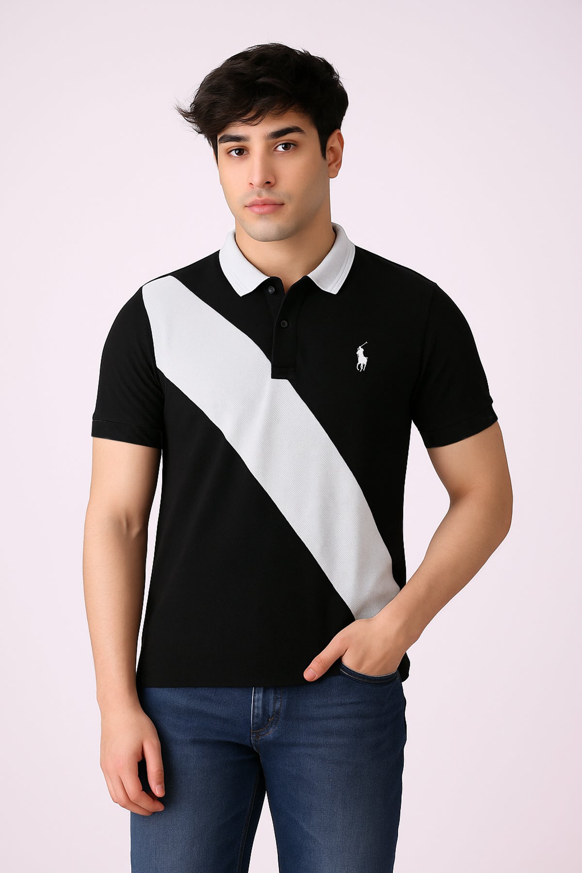 POLOO CROSS PANEL Men’s Branded Cotton PQ Shirt in Black-White