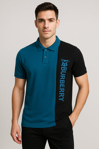 BURBARY PANEL Men’s Branded Cotton PQ Shirt in Zinc-Black
