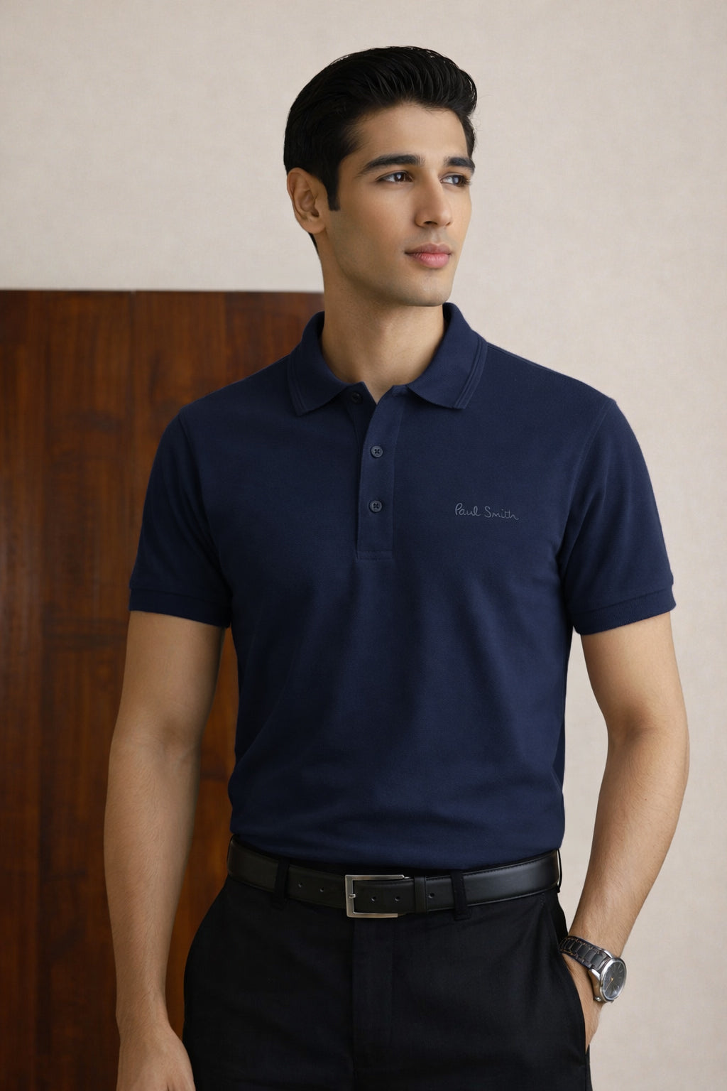 P.SMITH COTTON PIQUE NAVY BLUE POLO SHIRT