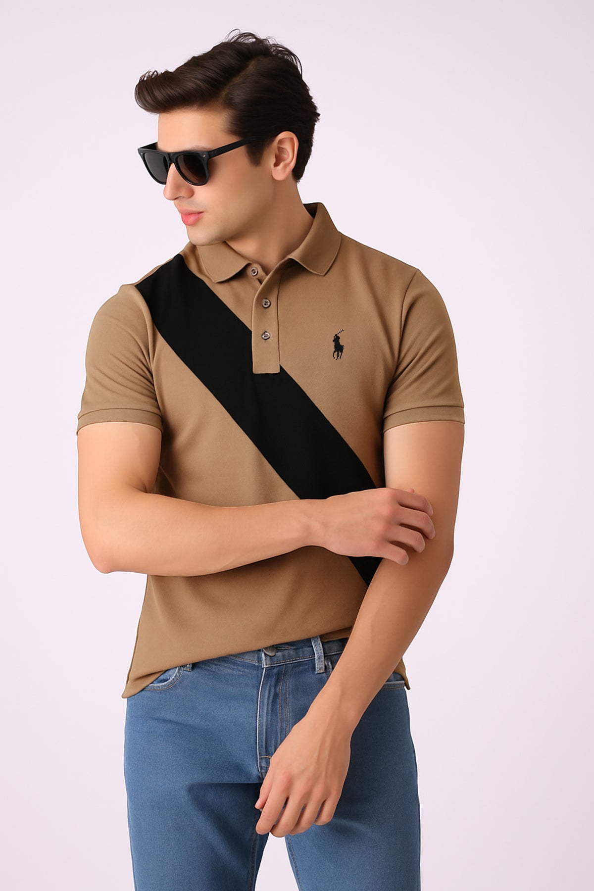 POLOO CROSS PANEL Men’s Branded Cotton PQ Shirt in Skin-Black