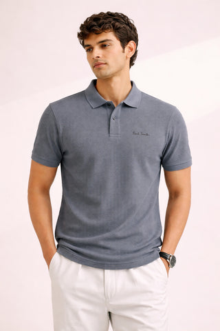 P.SMITH TEXTURE  COTTON PIQUE GREY POLO SHIRT