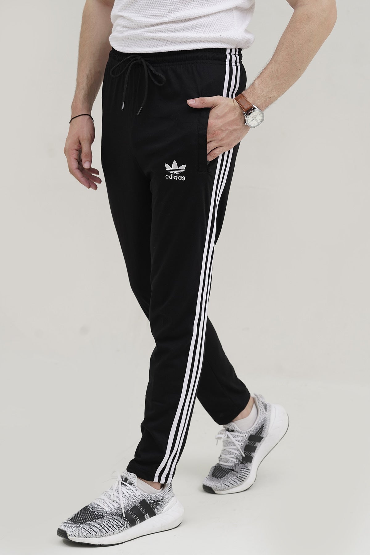 Adi-3 Stripes Embroidered Logo Black Cotton Jersey Trouser