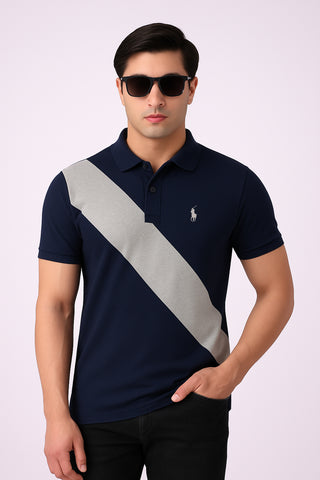 POLOO CROSS PANEL Men’s Branded Cotton PQ Shirt in Navy Blue-Light Grey