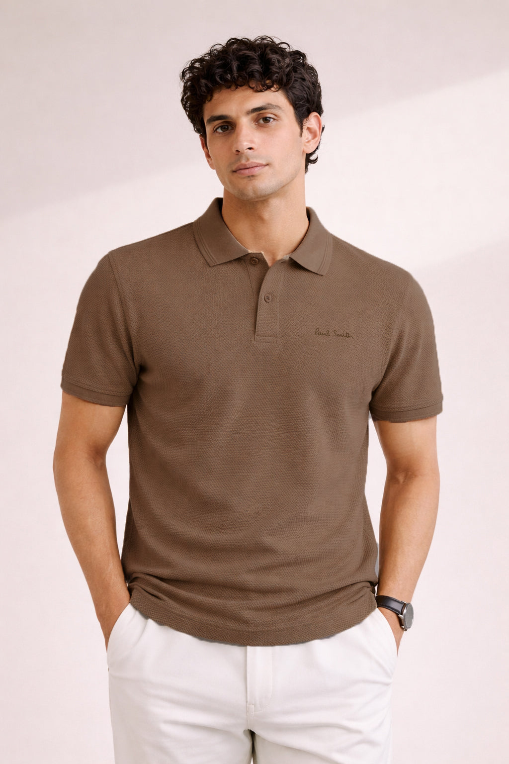 P.SMITH TEXTURE  COTTON PIQUE BROWN POLO SHIRT