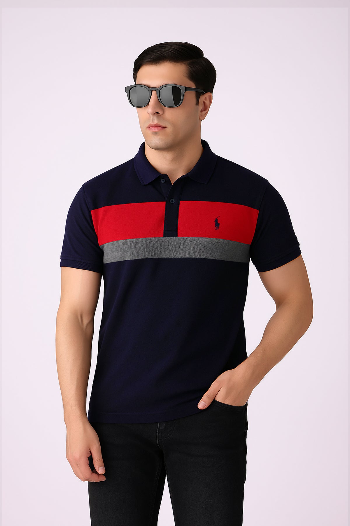 POLOO PANEL Men’s Branded Cotton PQ Shirt in Navy Blue