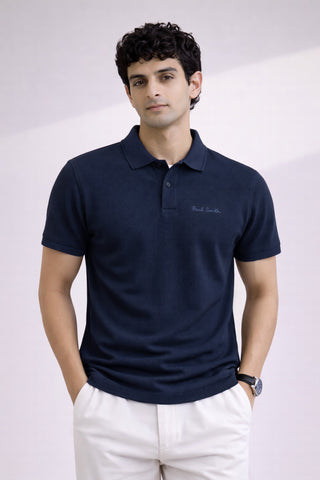 P.SMITH TEXTURE  COTTON PIQUE NAVY BLUE POLO SHIRT