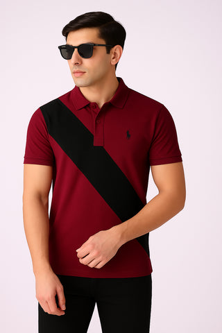 POLOO CROSS PANEL Men’s Branded Cotton PQ Shirt in Maroon-Black