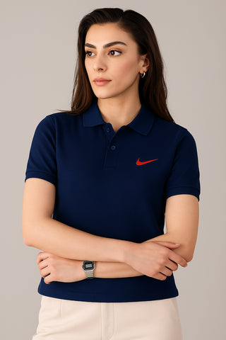 Nikee Women's Navy Blue Cotton Polo Shirt