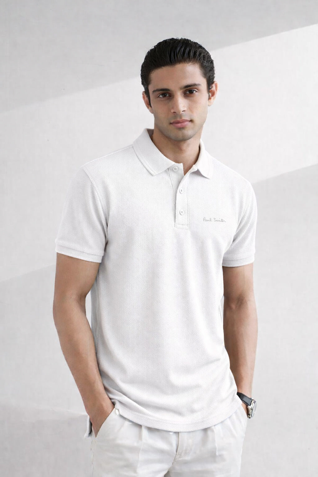 P.SMITH TEXTURE  COTTON PIQUE WHITE POLO SHIRT