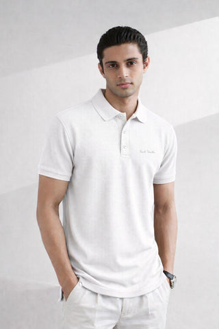 P.SMITH TEXTURE  COTTON PIQUE WHITE POLO SHIRT
