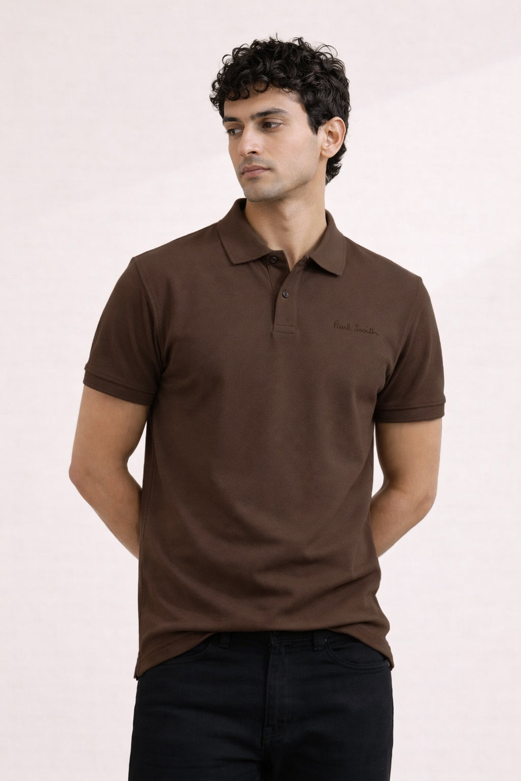 P.SMITH COTTON PIQUE BROWN POLO SHIRT