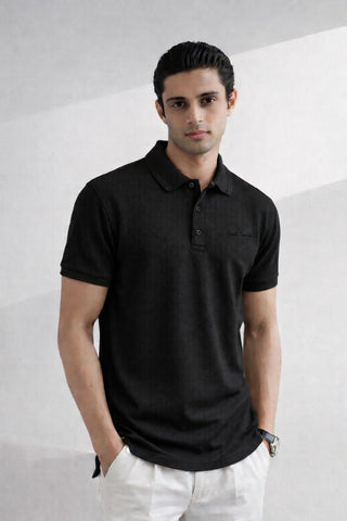 P.SMITH TEXTURE  COTTON PIQUE BLACK POLO SHIRT