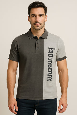 BURBARY PANEL Men’s Branded Cotton PQ Shirt in Charcoal-Grey
