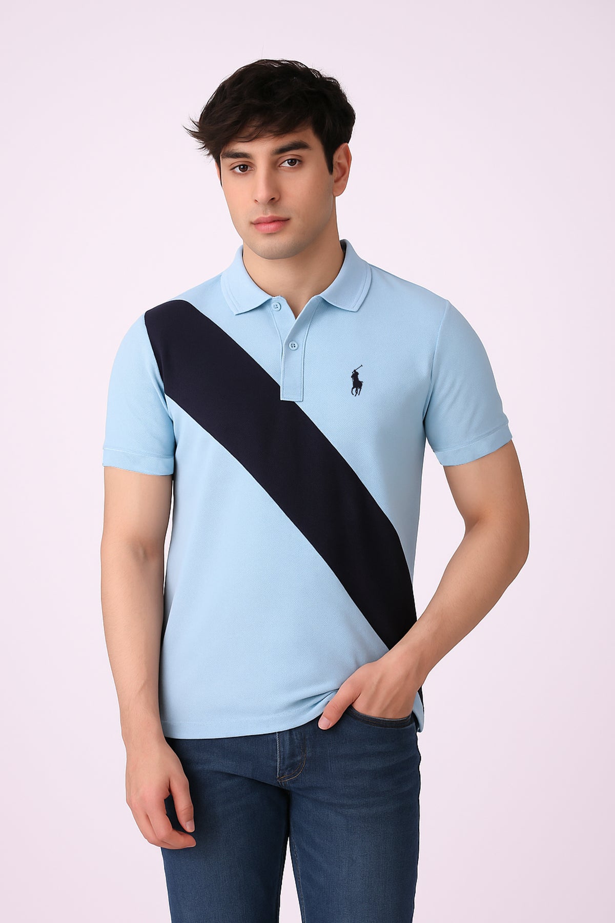 POLOO CROSS PANEL Men’s Branded Cotton PQ Shirt in Sky Blue-Navy Blue