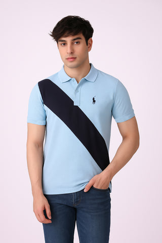 POLOO CROSS PANEL Men’s Branded Cotton PQ Shirt in Sky Blue-Navy Blue