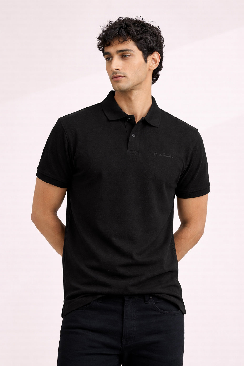 P.SMITH COTTON PIQUE BLACK POLO SHIRT