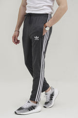 Adi-3 Stripes Embroidered Logo Charcoal Grey Cotton Jersey Trouser