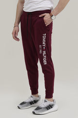 Tomy Embroidered Logo Maroon Cotton Jersey Trouser