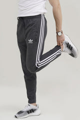 Adi-3 Stripes Embroidered Logo Charcoal Grey Cotton Jersey Trouser