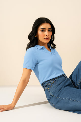 Nikee Women's Sky Blue Cotton Polo Shirt