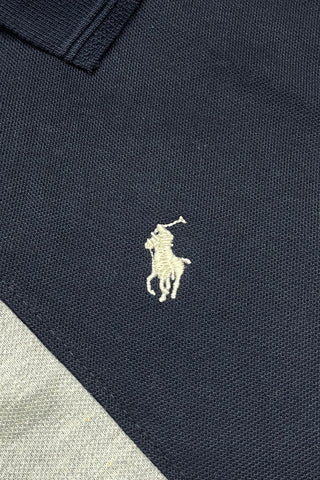 POLOO CROSS PANEL Men’s Branded Cotton PQ Shirt in Navy Blue-Light Grey