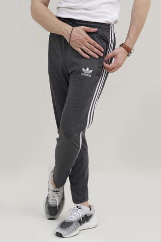 Adi-3 Stripes Embroidered Logo Charcoal Grey Cotton Jersey Trouser