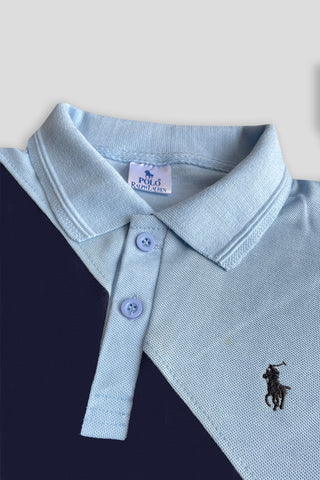 POLOO CROSS PANEL Men’s Branded Cotton PQ Shirt in Sky Blue-Navy Blue